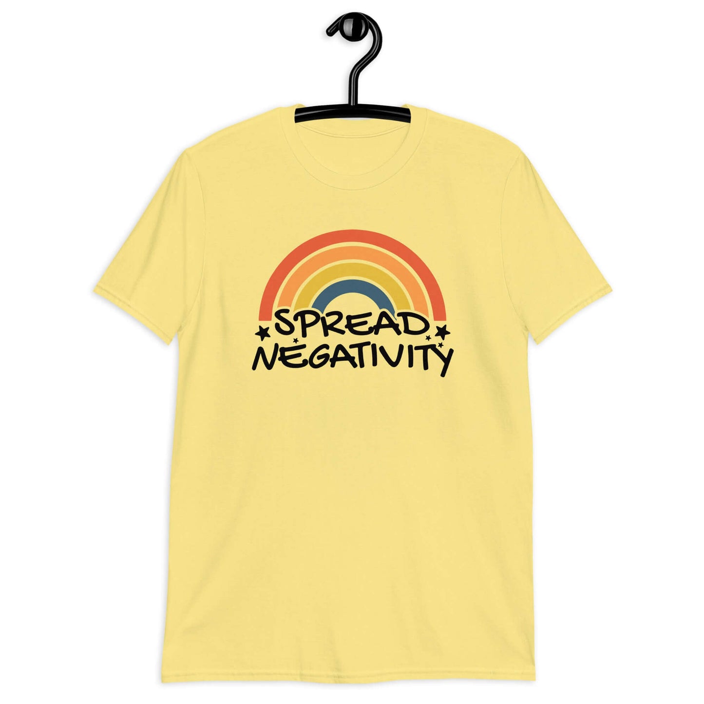 Cornsilk yellow t-shirt with a graphic of a rainbow and the words Spread negativity printed on the front.