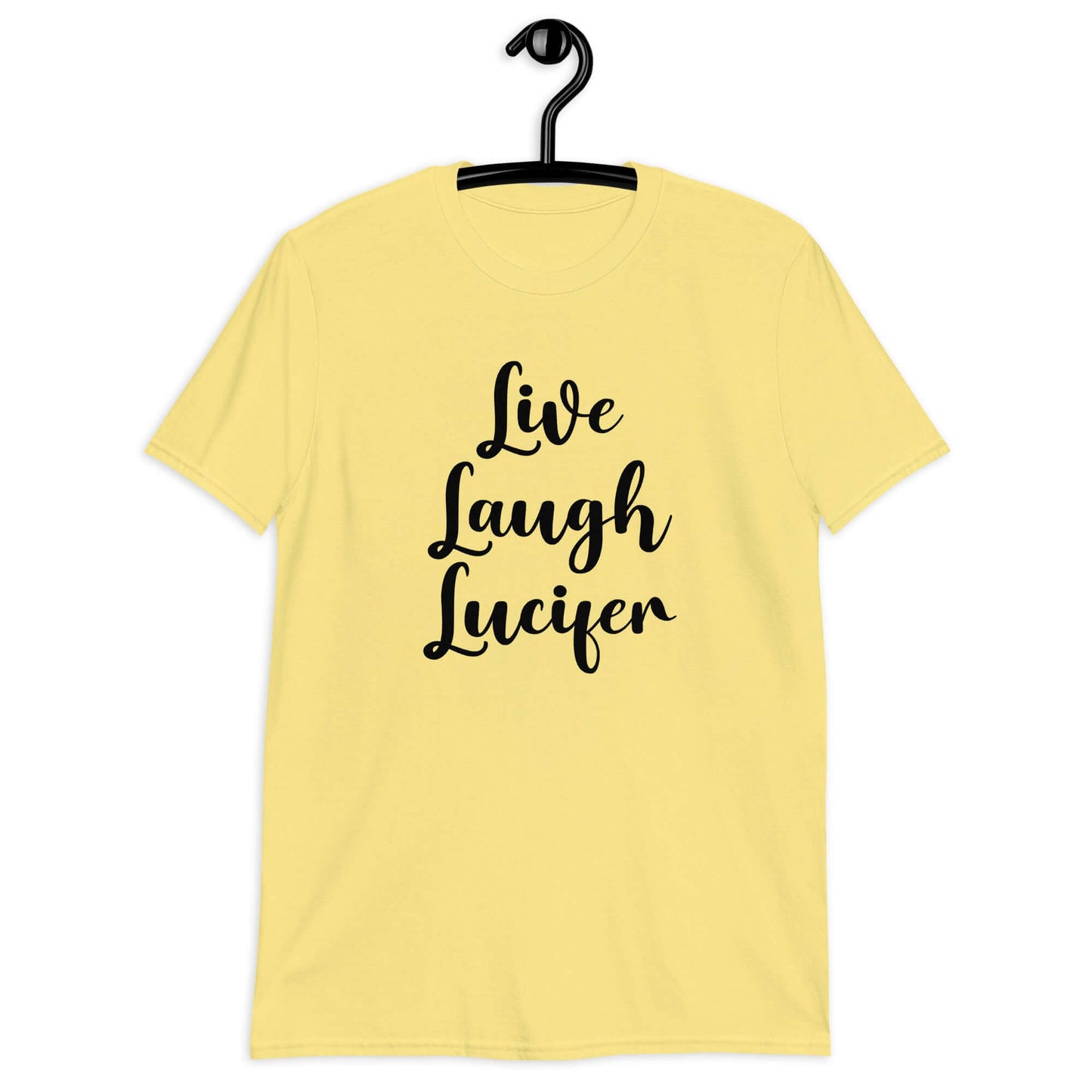 Cornsilk yellow t-shirt with the parody phrase Live, Laugh, Lucifer printed on the front.