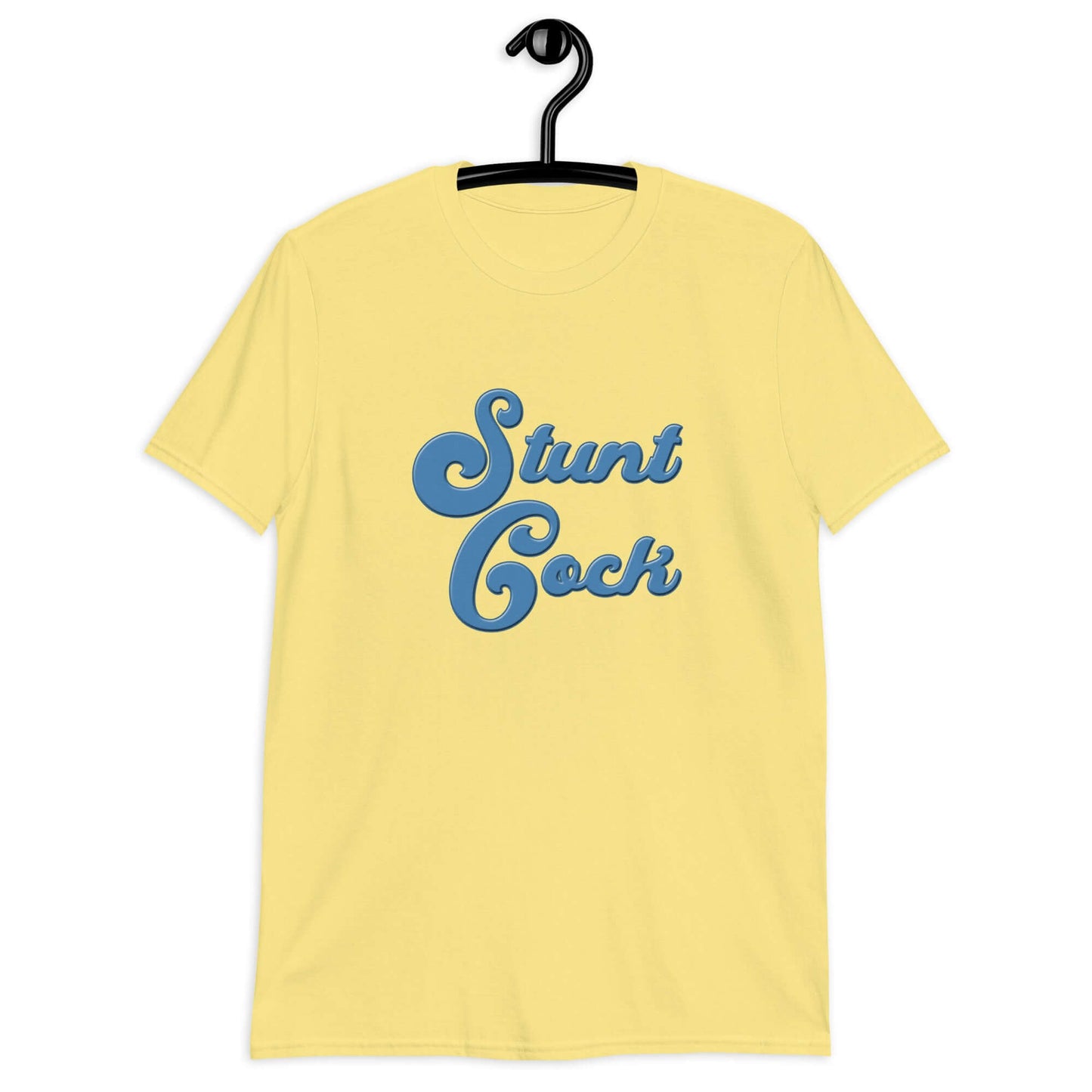 Cornsilk yellow t-shirt with the words Stunt Cock printed on the front in blue.