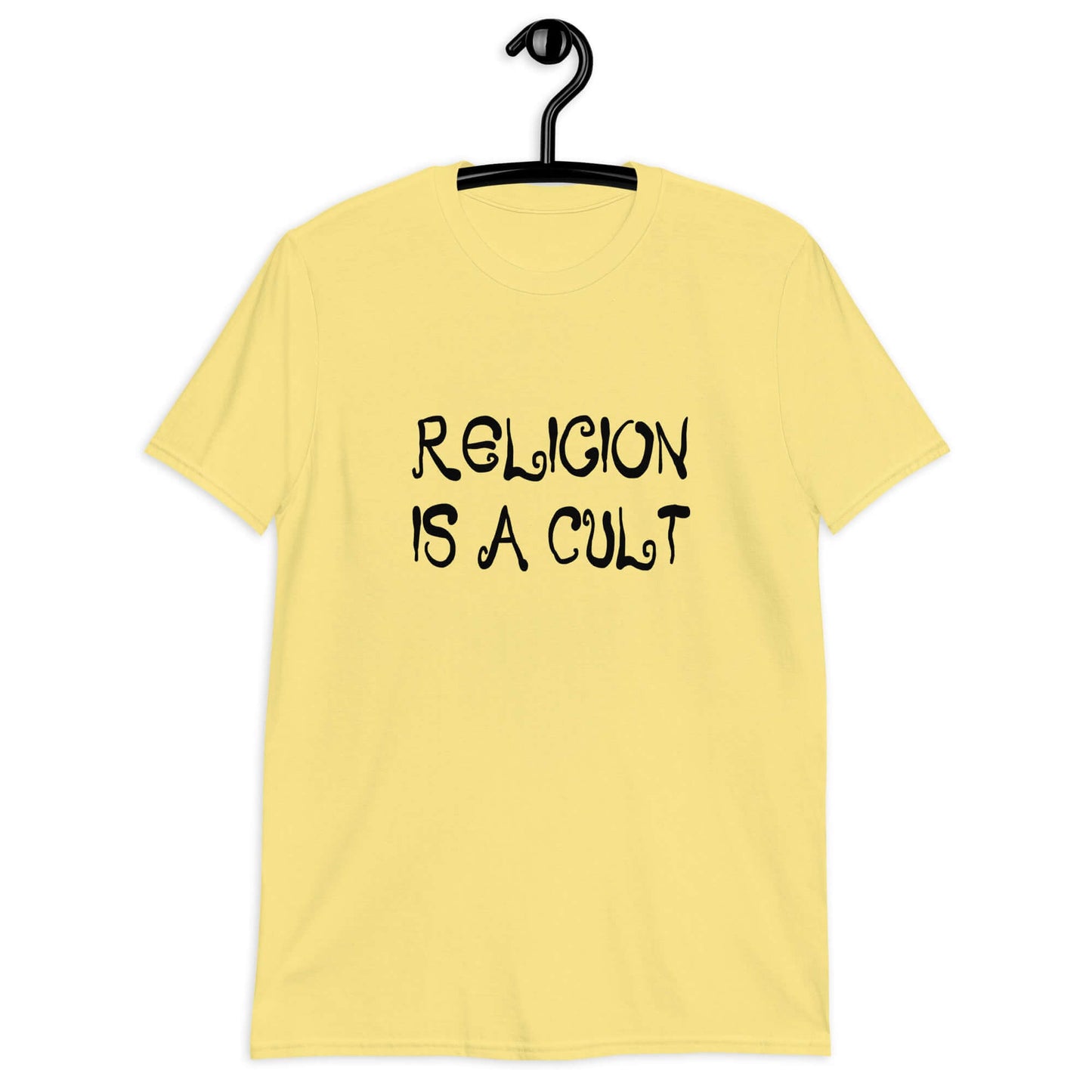 Cornsilk yellow t-shirt with the phrase Religion is a cult printed on the front.