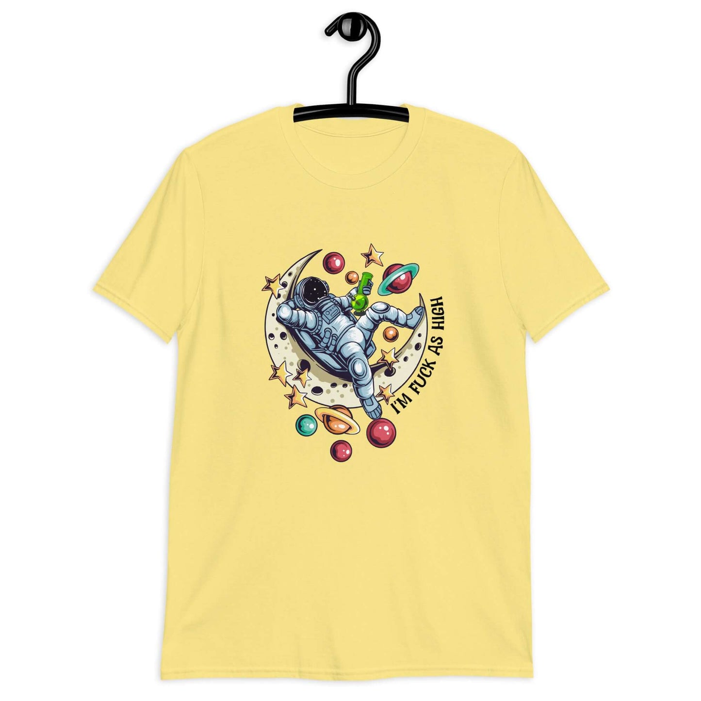 Cornsilk yellow t-shirt with graphic of an astronaut sitting on the moon while smoking a bong with the phrase I'm fuck as high printed on the front.