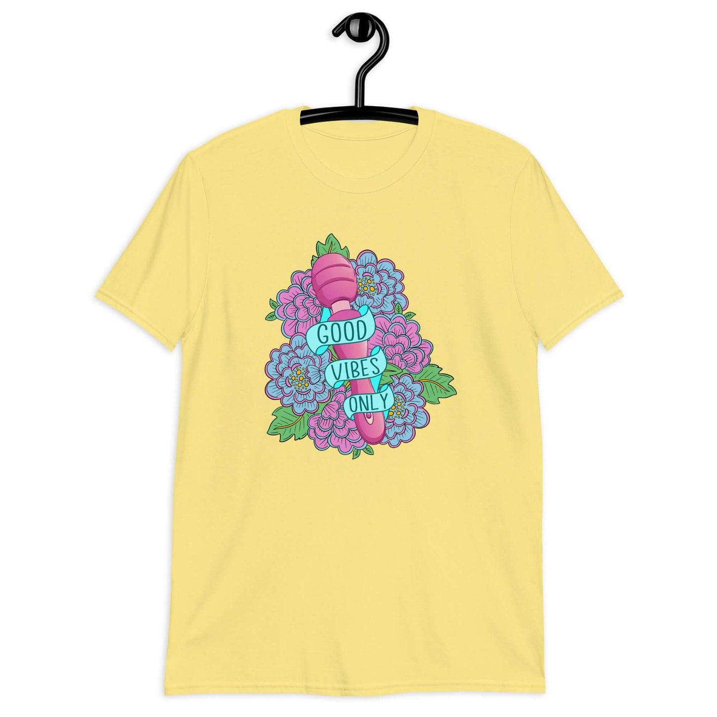Cornsilk yellow t-shirt with graphic design that has the words Good vibes only layered over a pink wand vibrator with flowers around. The graphic design is printed on the front of the shirt.