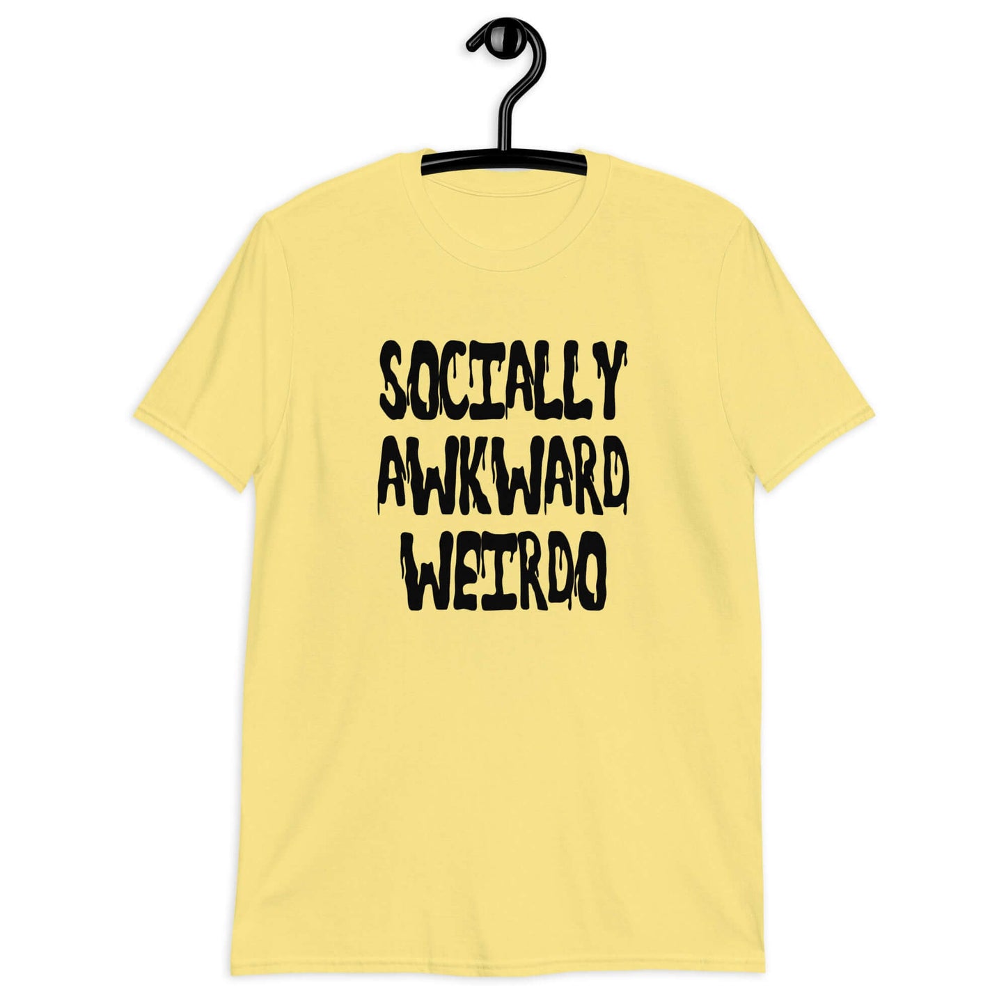 Cornsilk yellow t-shirt with the phrase Socially awkward weirdo printed on the front.