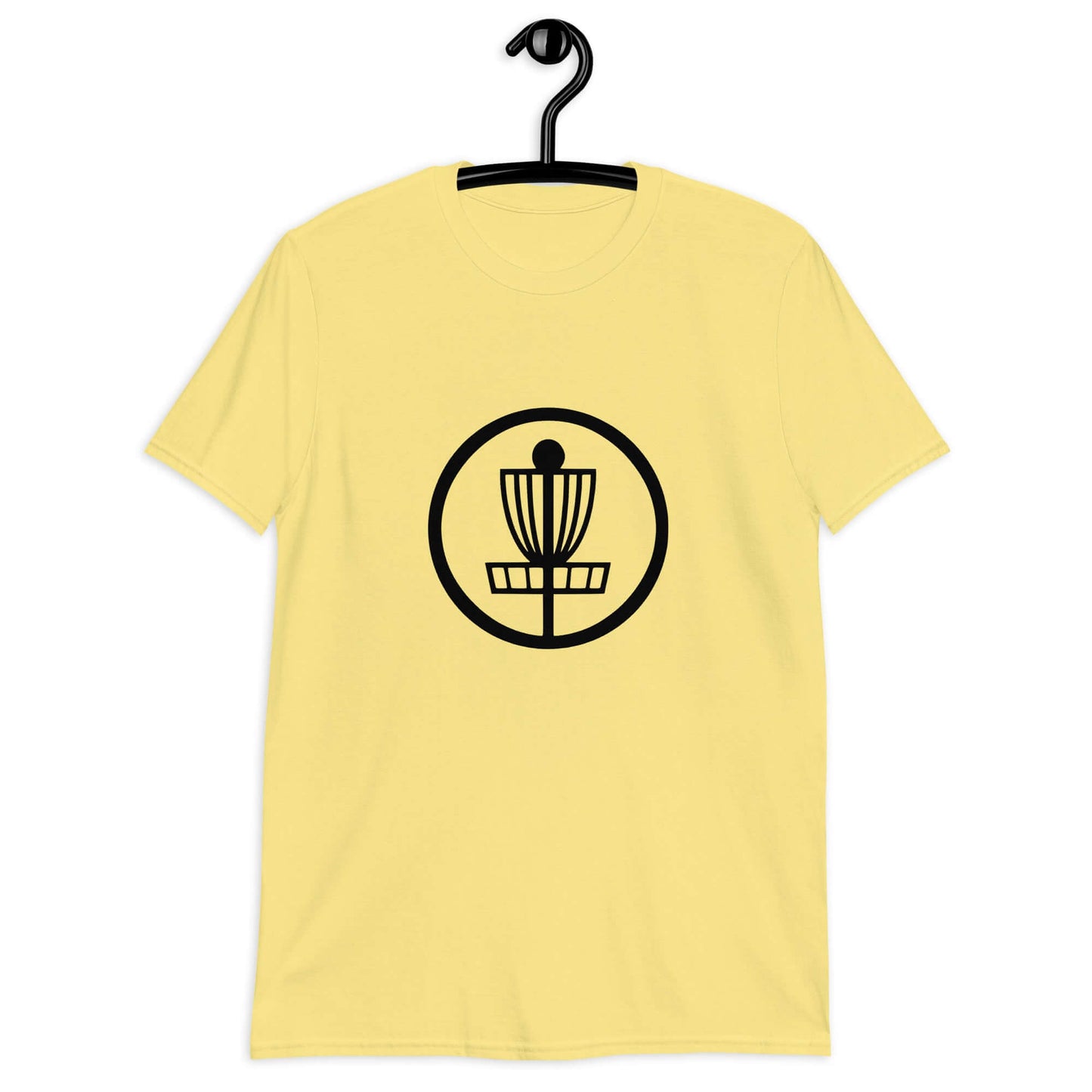 Cornsilk yellow t-shirt with an image of disc golf basket silhouette with a circle around it printed on the front.