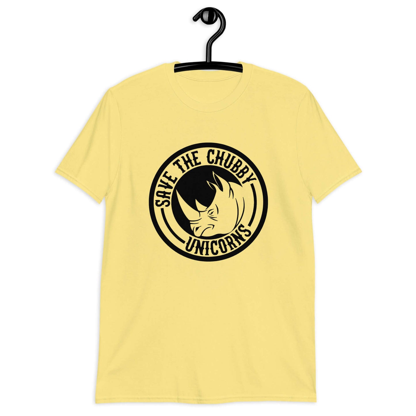 Cornsilk yellow t-shirt with a funny graphic of a rhinoceros & the words Save the chubby unicorns printed on the front.
