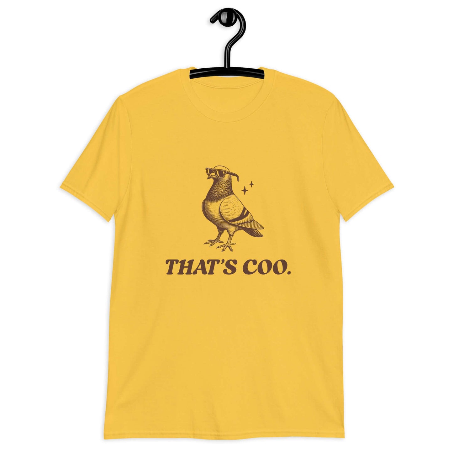 Daisy yellow t-shirt with an image of a pigeon and the words That's coo printed on the front.