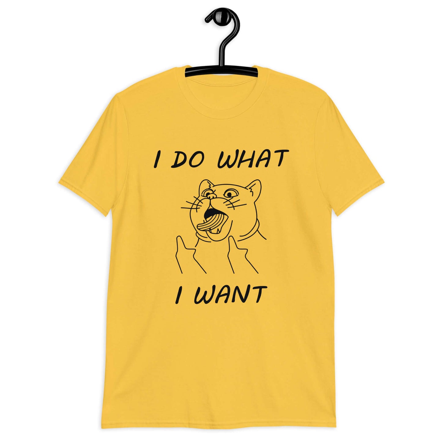 Daisy yellow t-shirt with cat flipping middle fingers and the words I do what I want printed on the front.