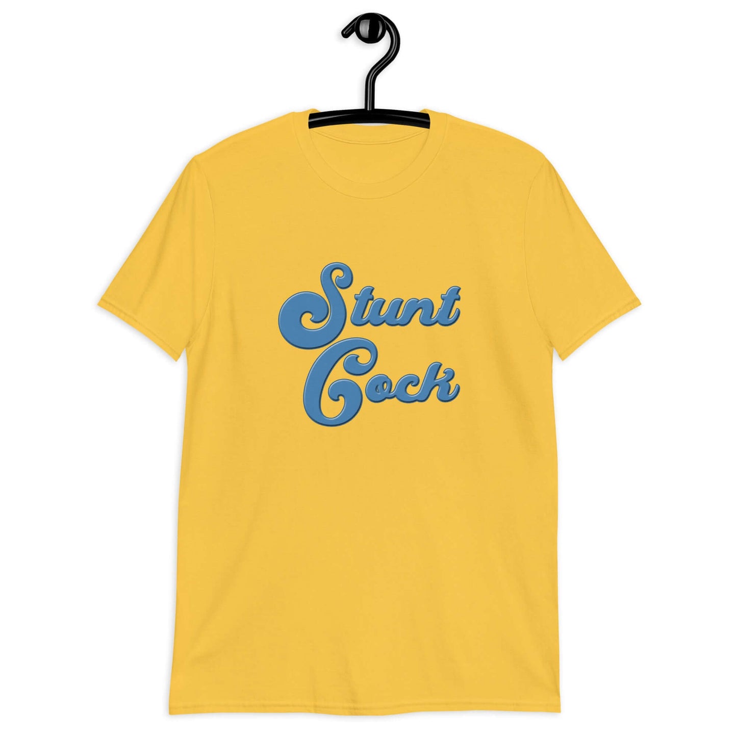 Daisy yellow t-shirt with the words Stunt Cock printed on the front in blue.