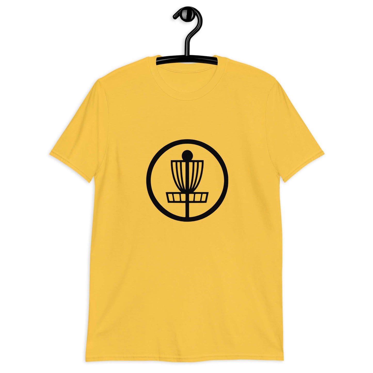 Daisy yellow t-shirt with an image of disc golf basket silhouette with a circle around it printed on the front.