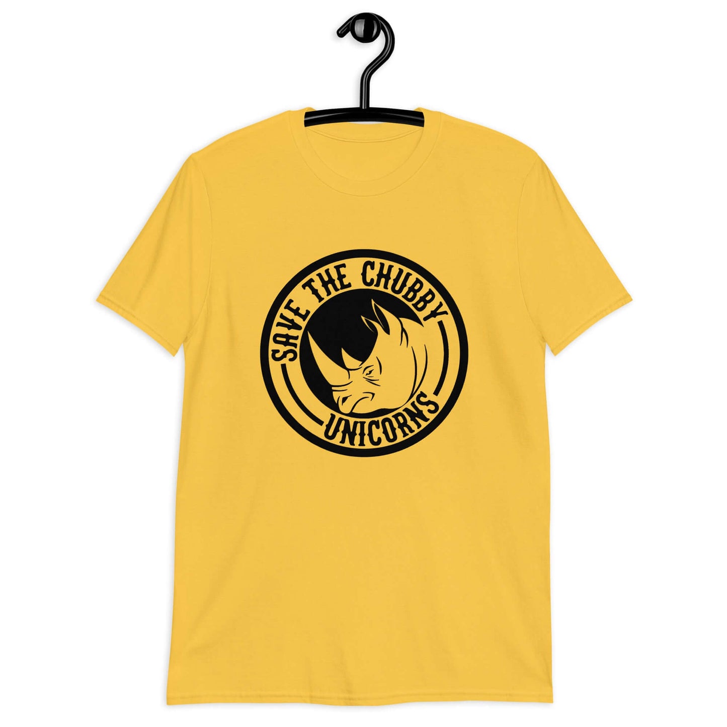 Daisy yellow t-shirt with a funny graphic of a rhinoceros & the words Save the chubby unicorns printed on the front.
