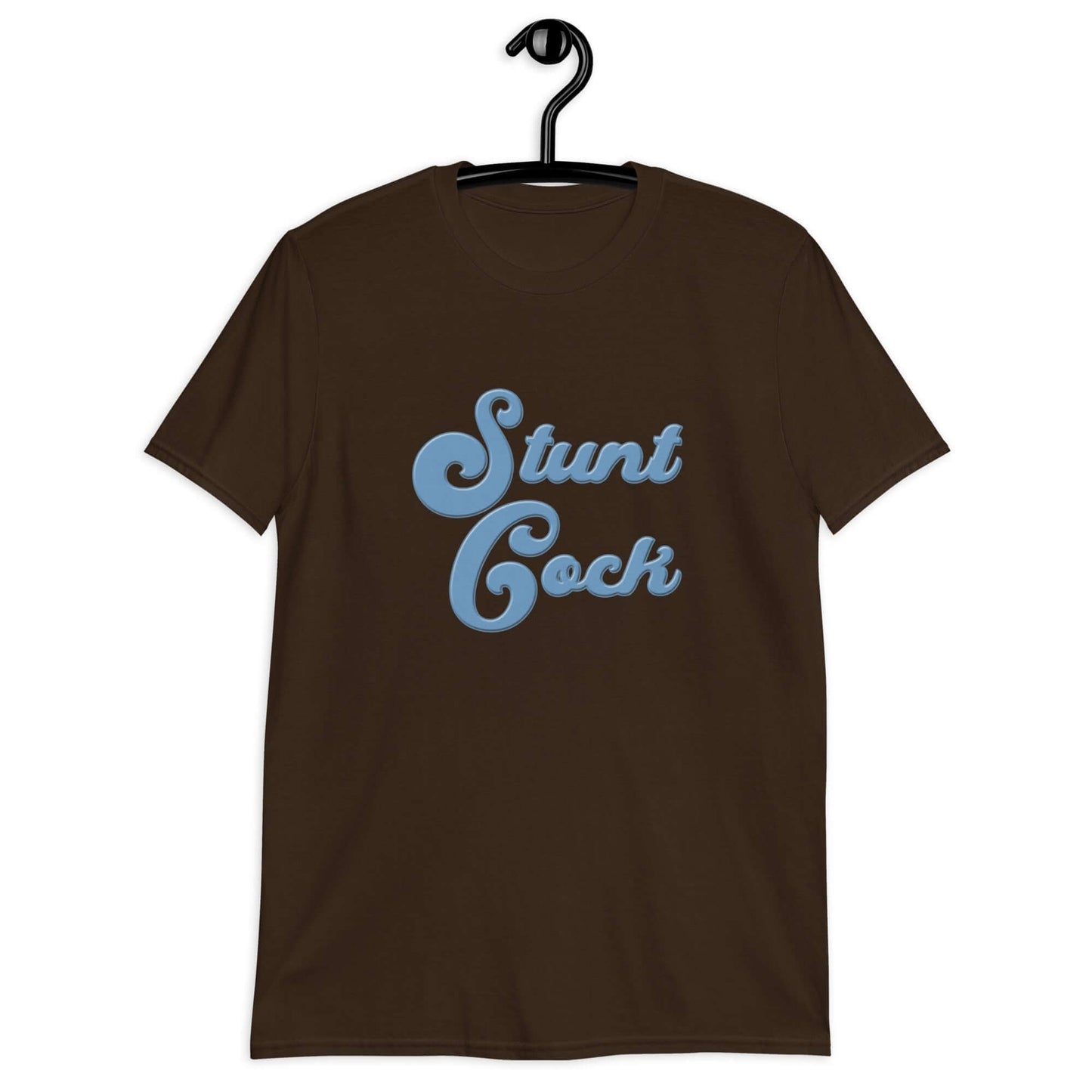 Dark chocolate brown t-shirt with the words Stunt Cock printed on the front in blue.