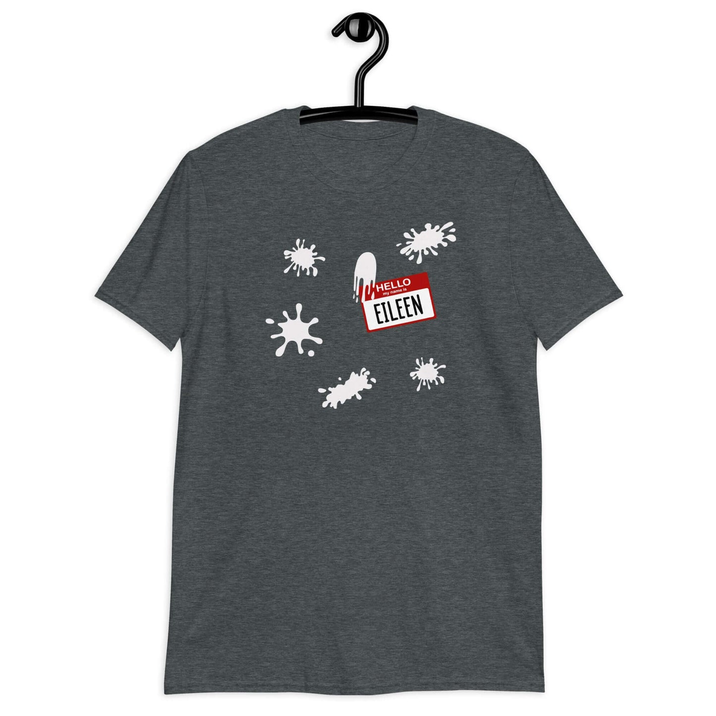 Dark heather grey t-shirt with Eileen name tag and white splatters printed on the front.