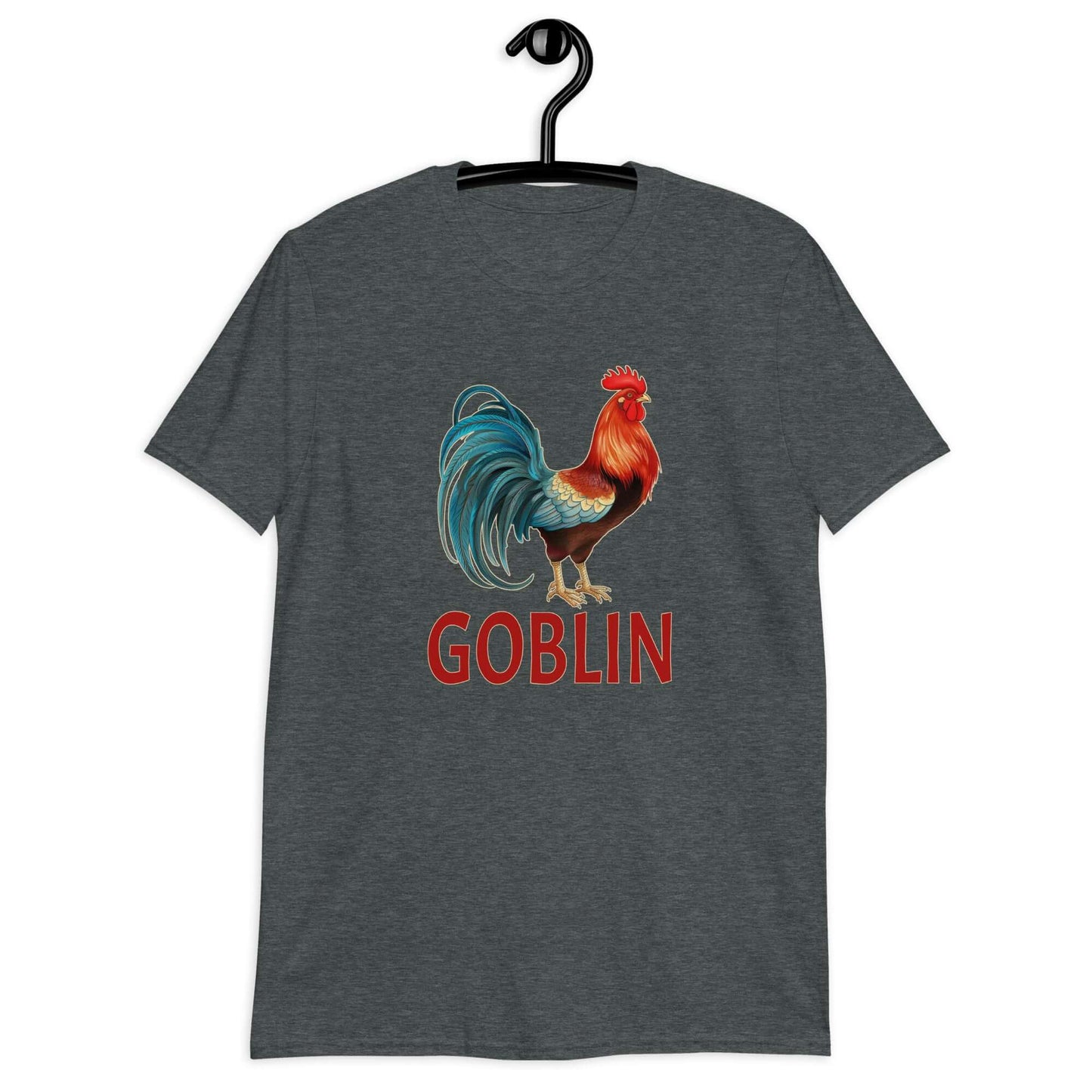 Dark heather grey t-shirt with an image of a rooster and the word Goblin printed under the rooster. The graphics are printed on the front of the shirt.