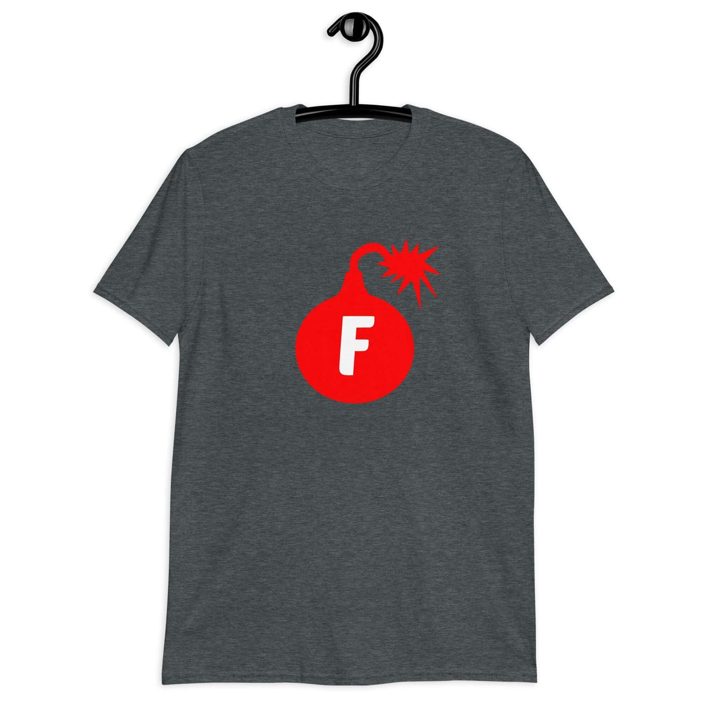 Charcoal grey t-shirt with an image of a bomb with the letter F printed in the center. The graphics are printed on the front of the shirt.