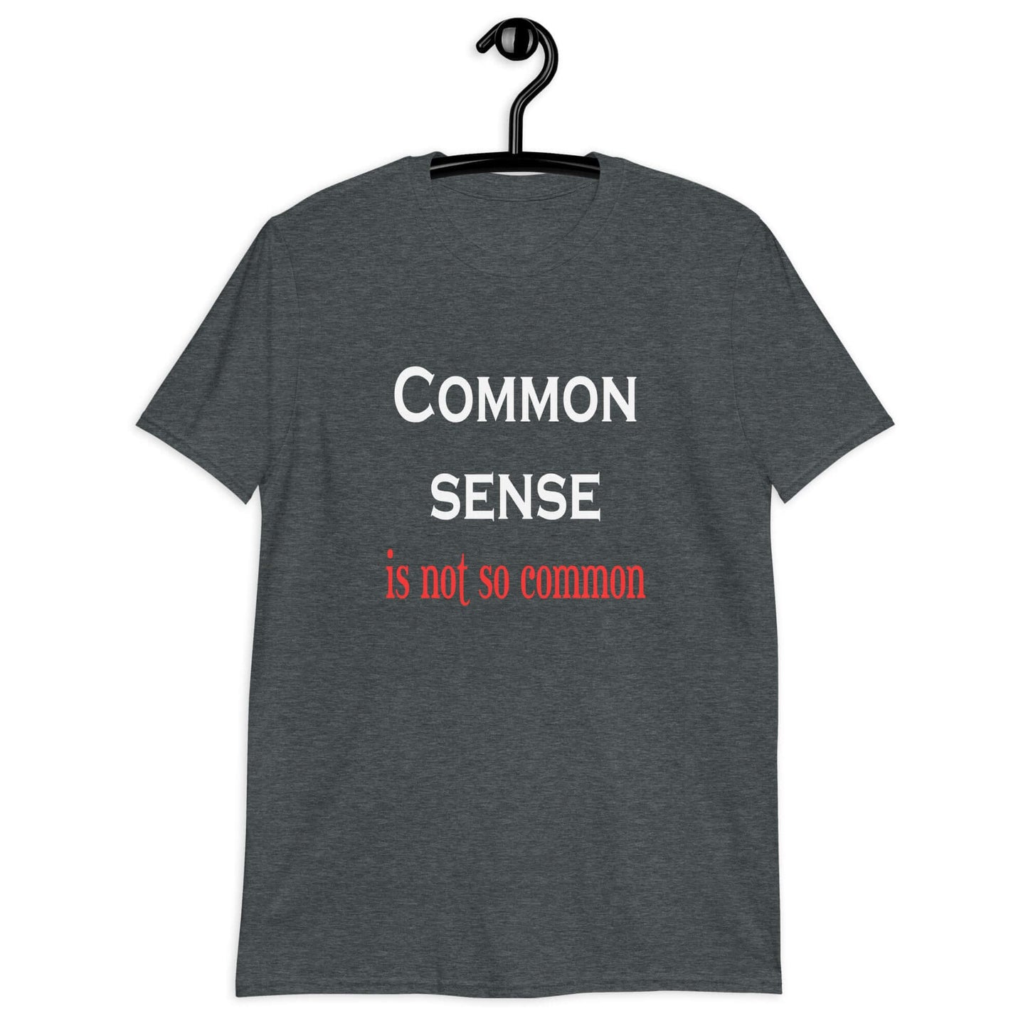 Dark heather t-shirt with the phrase Common sense is not so common printed on the front.