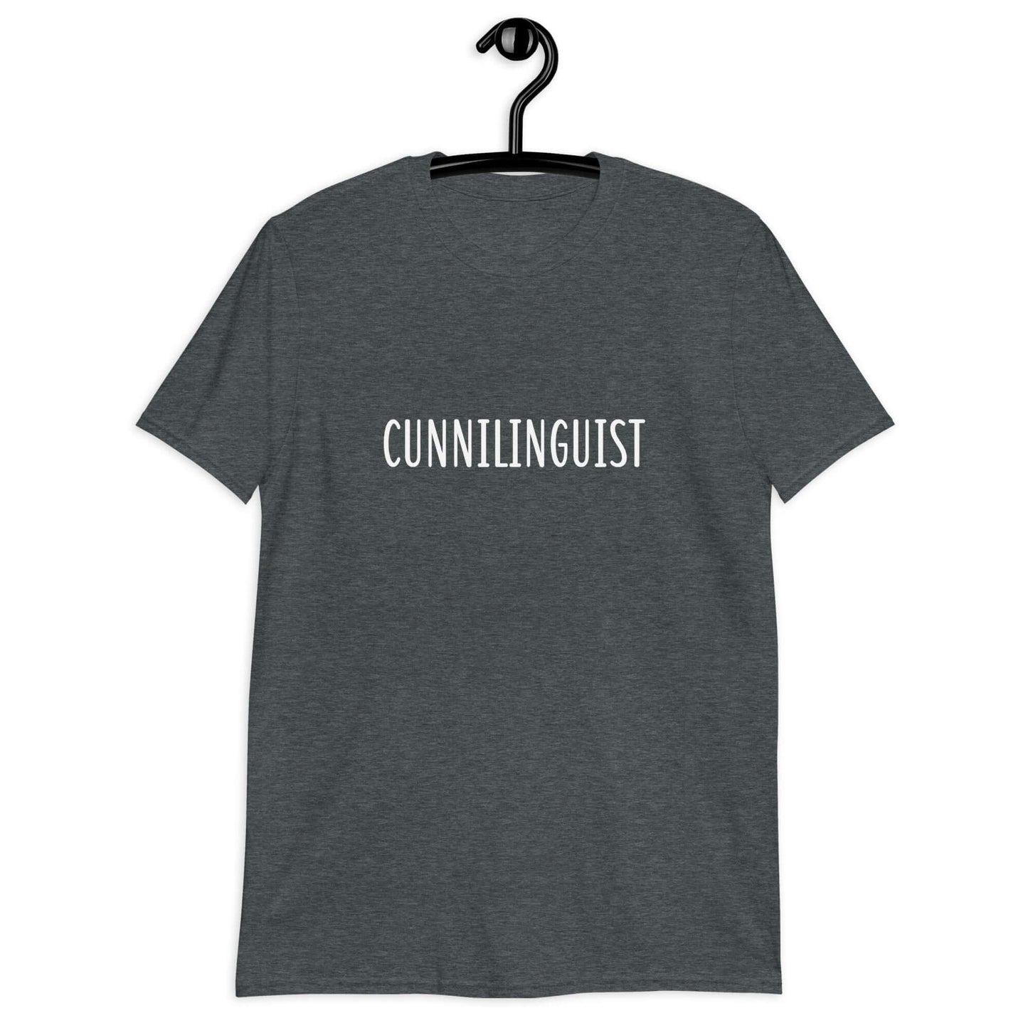 Dark heather grey t-shirt with the word Cunnilinguist printed on the front.
