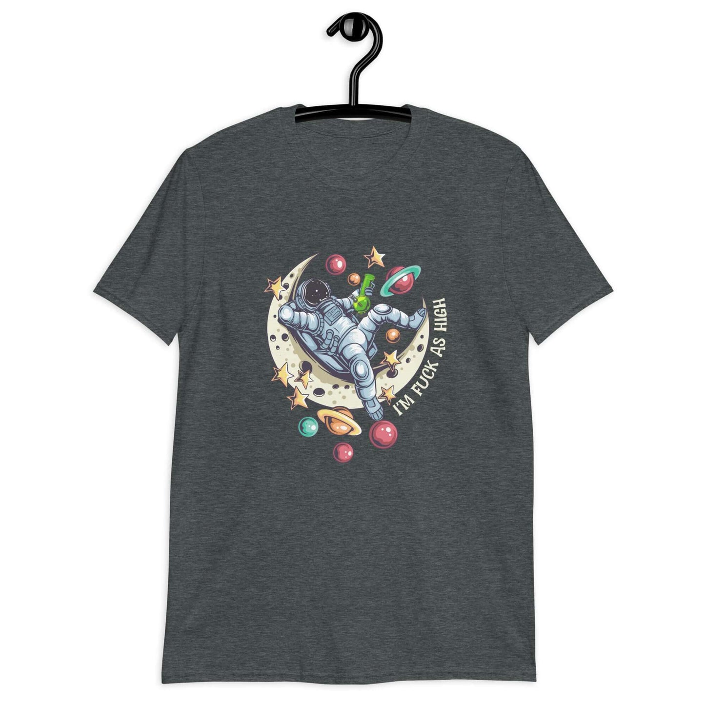 Dark heather grey t-shirt with graphic of an astronaut sitting on the moon while smoking a bong with the phrase I'm fuck as high printed on the front.