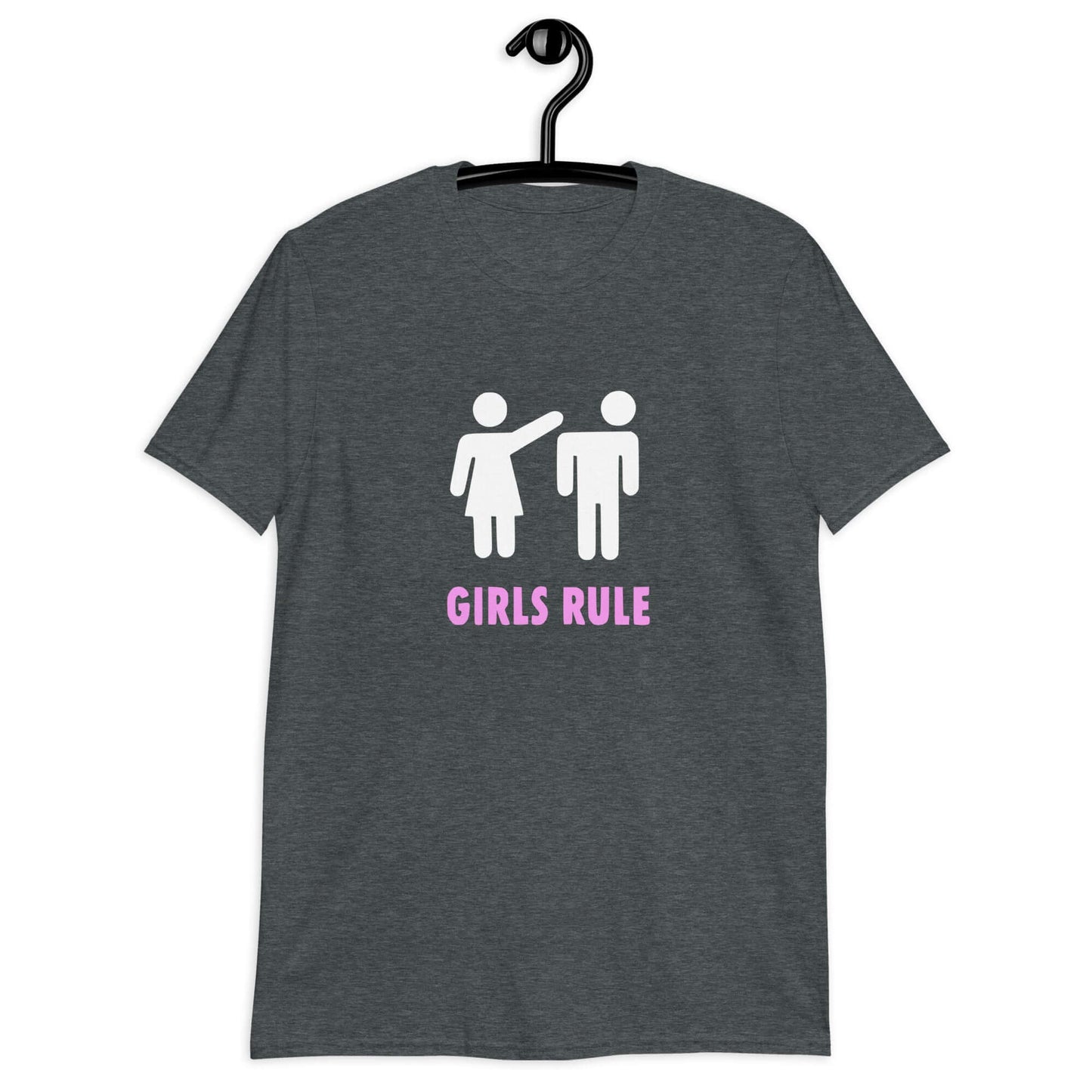 Dark heather t-shirt with an image of a stick figure man and woman. The stick woman is punching the stick mans head off and the words Girls rule is printed beneath in hot pink. The graphics are printed on the front of the shirt.