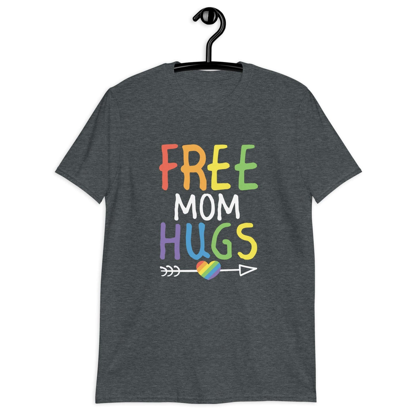 Dark heather grey t-shirt with the phrase Free Mom hugs in rainbow lettering printed on the front.
