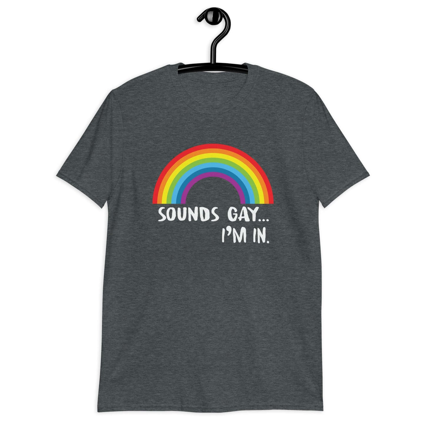 Dark heather t-shirt that has an image of a rainbow and the phrase Sounds gay, I'm in printed on the front