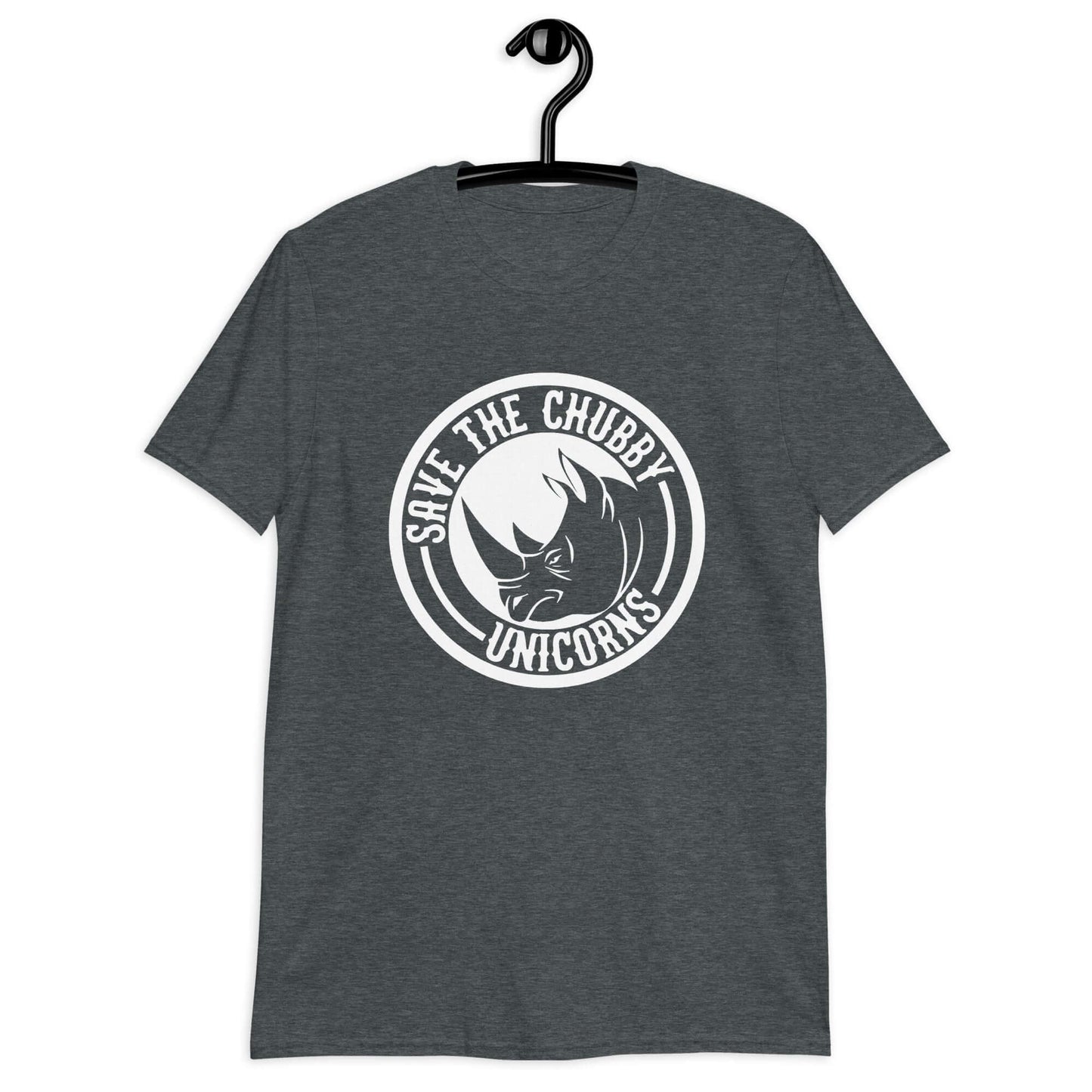 Dark heather grey t-shirt with a funny graphic of a rhinoceros & the words Save the chubby unicorns printed on the front.