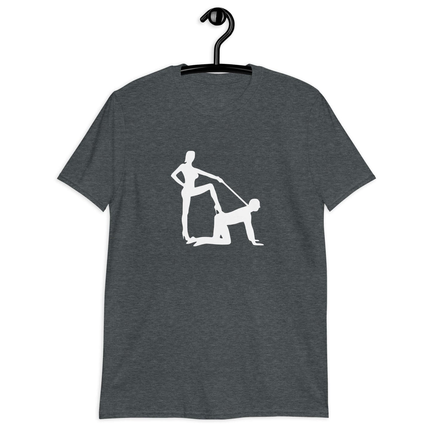 Dark heather t-shirt with the image of a silhouette of a man on his hands and knees and a dominatrix holding his leash printed on the front.
