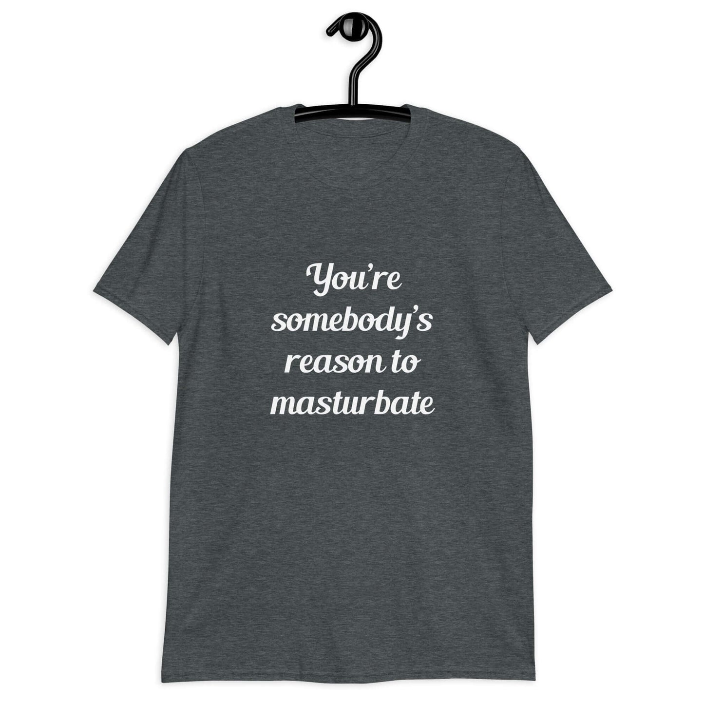 Dark heather grey t-shirt with the phrase You're somebody's reason to masturbate printed on the front.