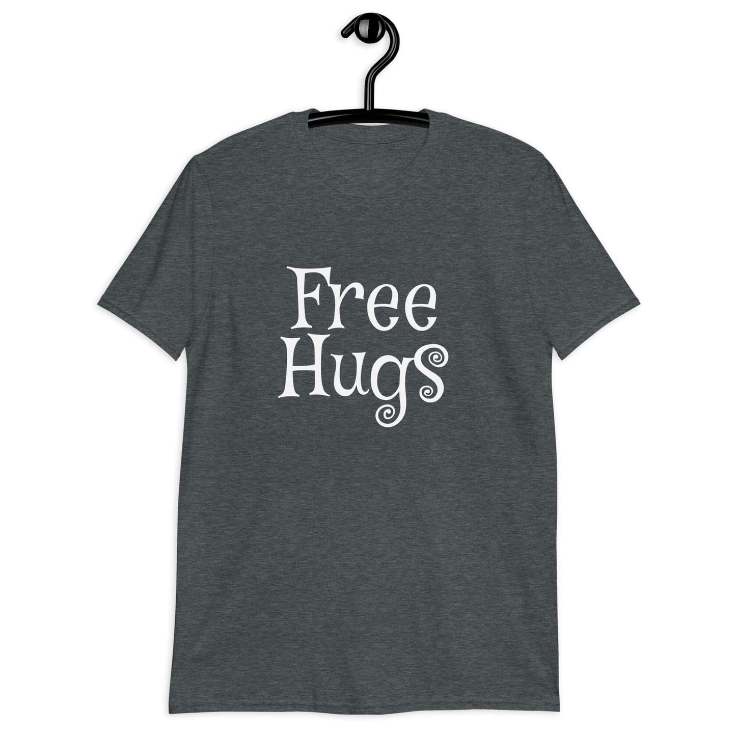 Dark heather t-shirt with the words Free Hugs printed on the front.