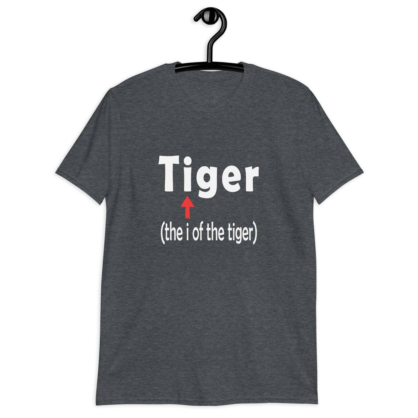 Dark heather t-shirt with the word Tiger and in smaller letters it says the I of the tiger with an arrow pointing to the letting I in the word tiger. The graphics are printed on the front of the shirt.
