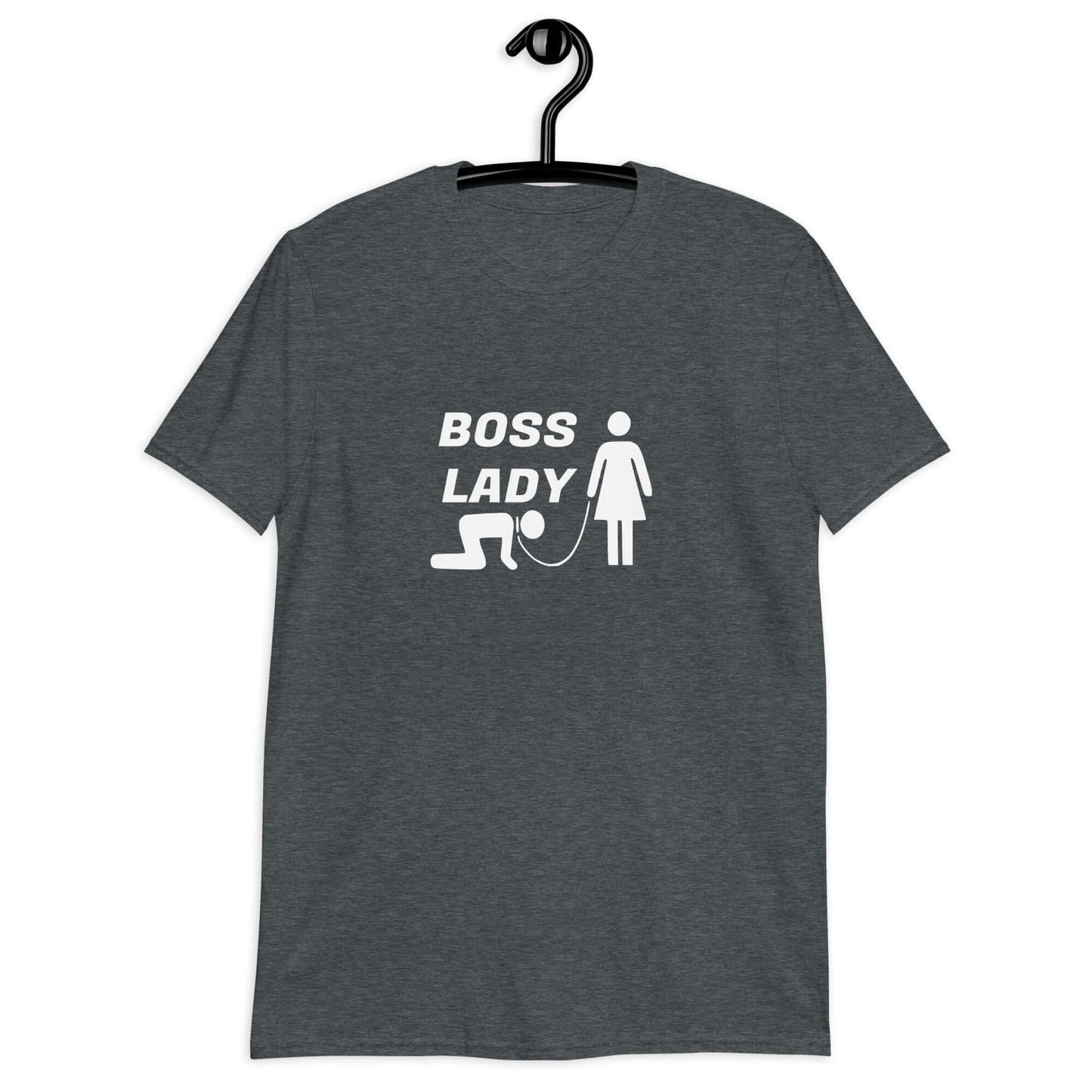 Dark heather t-shirt with graphic of collared and leashed man on his hands and knees being led by a woman and the words Boss lady above. The graphics are printed on the front of the shirt.