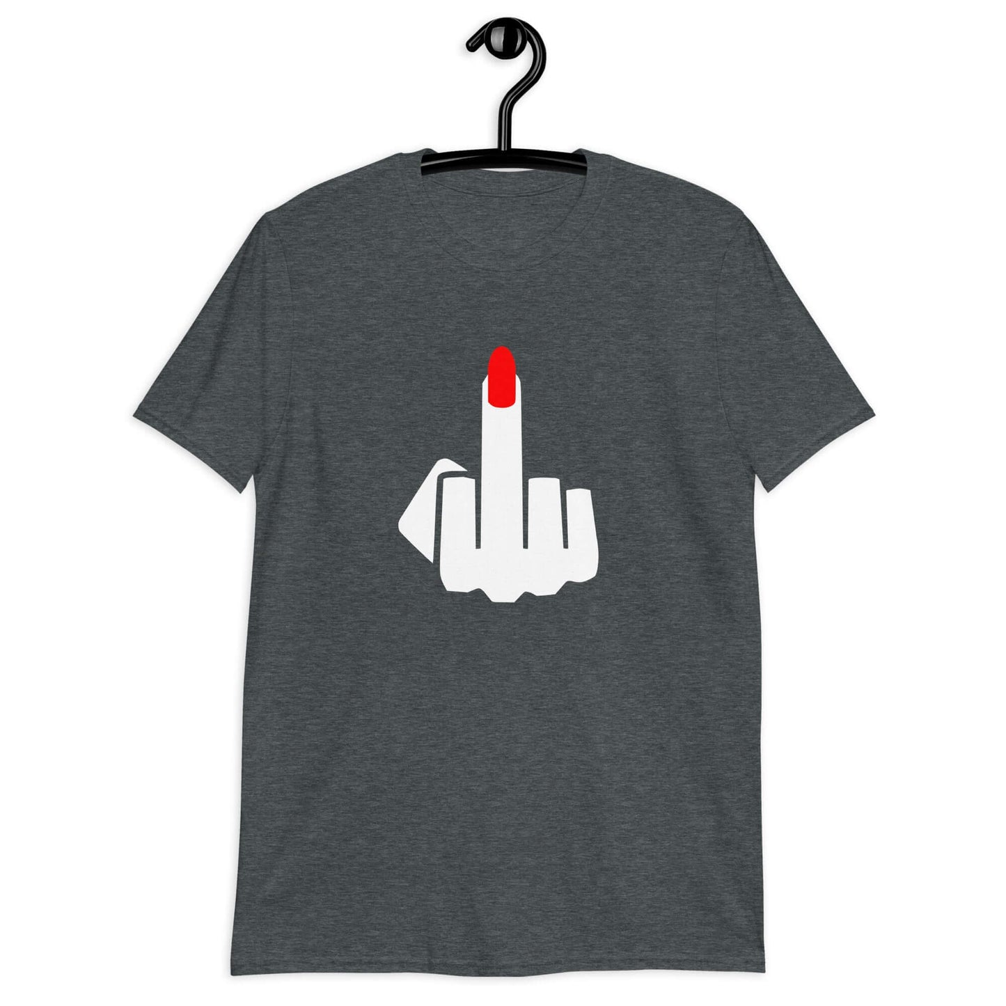 Dark heather t-shirt with an image of a middle finger with long red fingernail silhouette printed on the front.