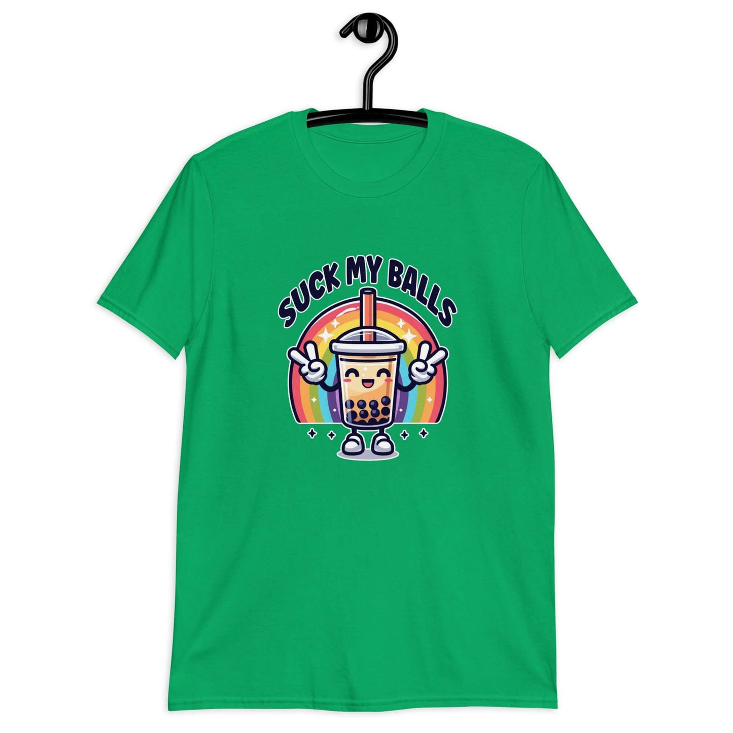 Irish green t-shirt with graphics of a rainbow and a smiling boba bubble tea. The bubble tea has arms and legs. The phrase Suck my balls is printed above the rainbow. The graphics are on the front of the shirt.