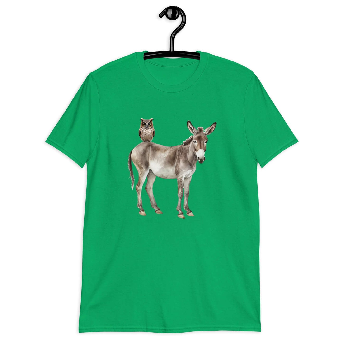 Irish green t-shirt with an image of a donkey with wise owl sitting on it printed on the front.