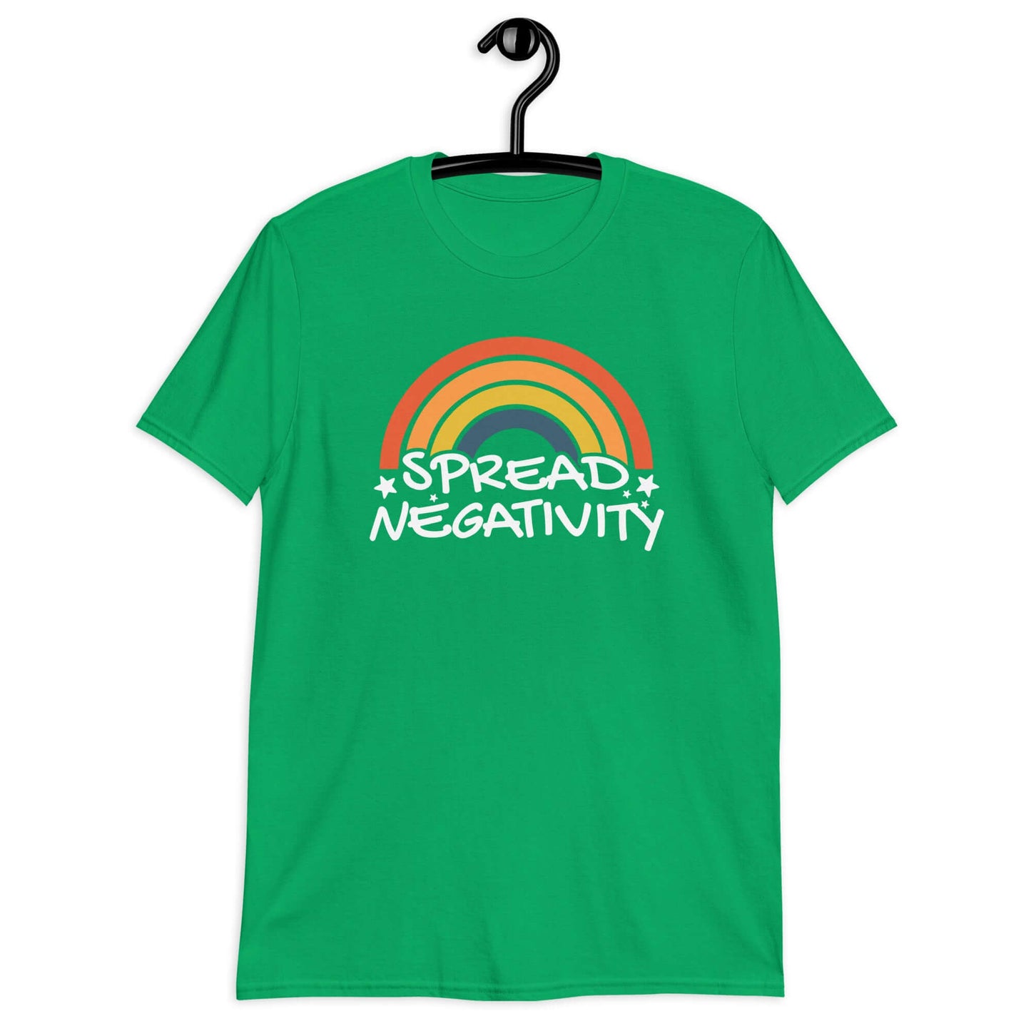 Irish green t-shirt with a graphic of a rainbow and the words Spread negativity printed on the front.