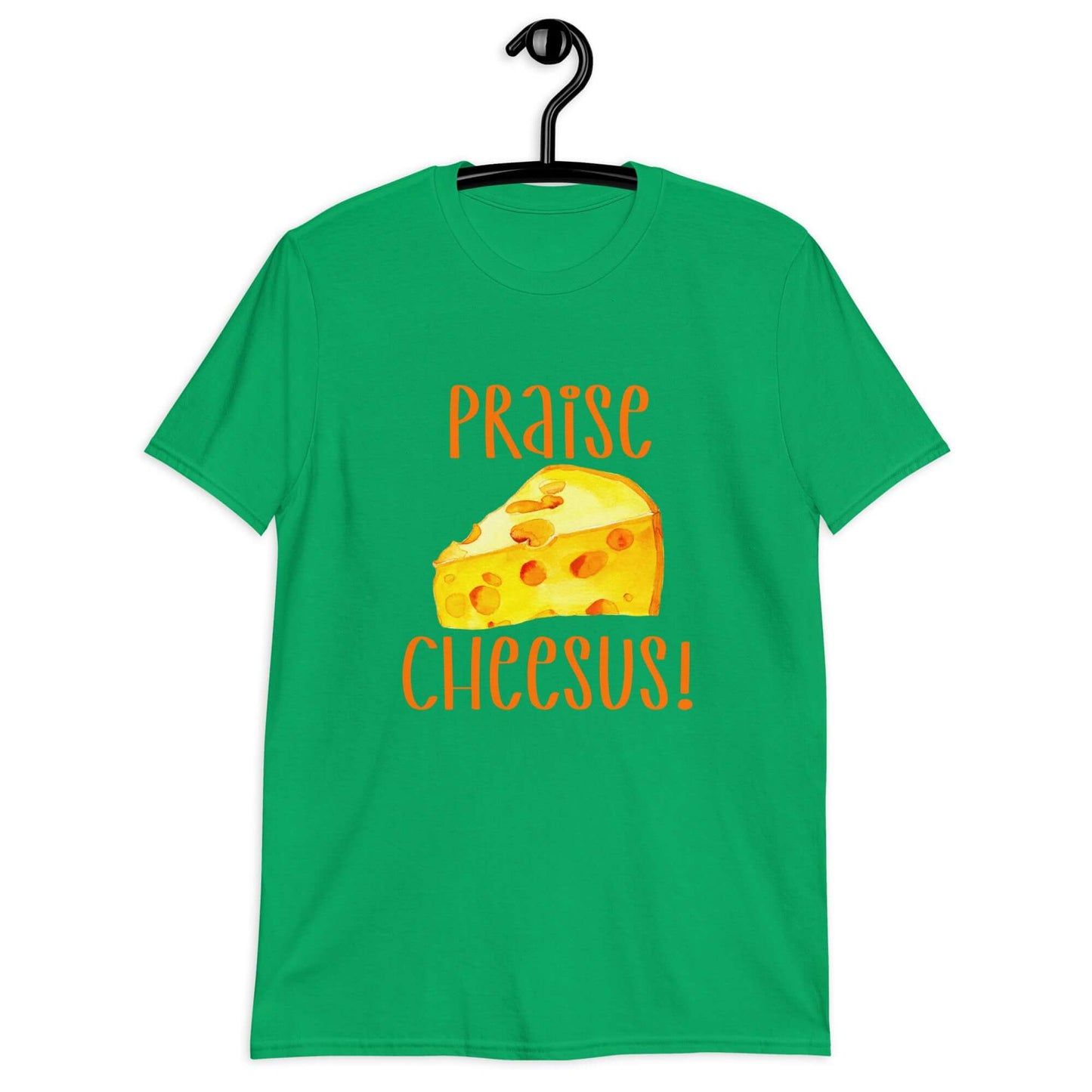 Irish green t-shirt with funny graphics of a piece of swiss cheese and the words Praise Cheesus printed on the front of the hoodie in yellow and orange.