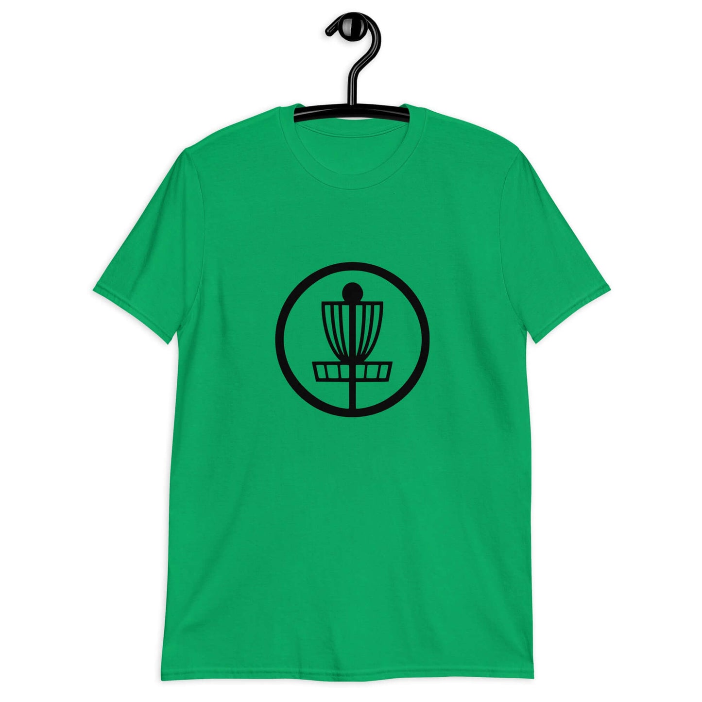 Irish green t-shirt with an image of disc golf basket silhouette with a circle around it printed on the front.