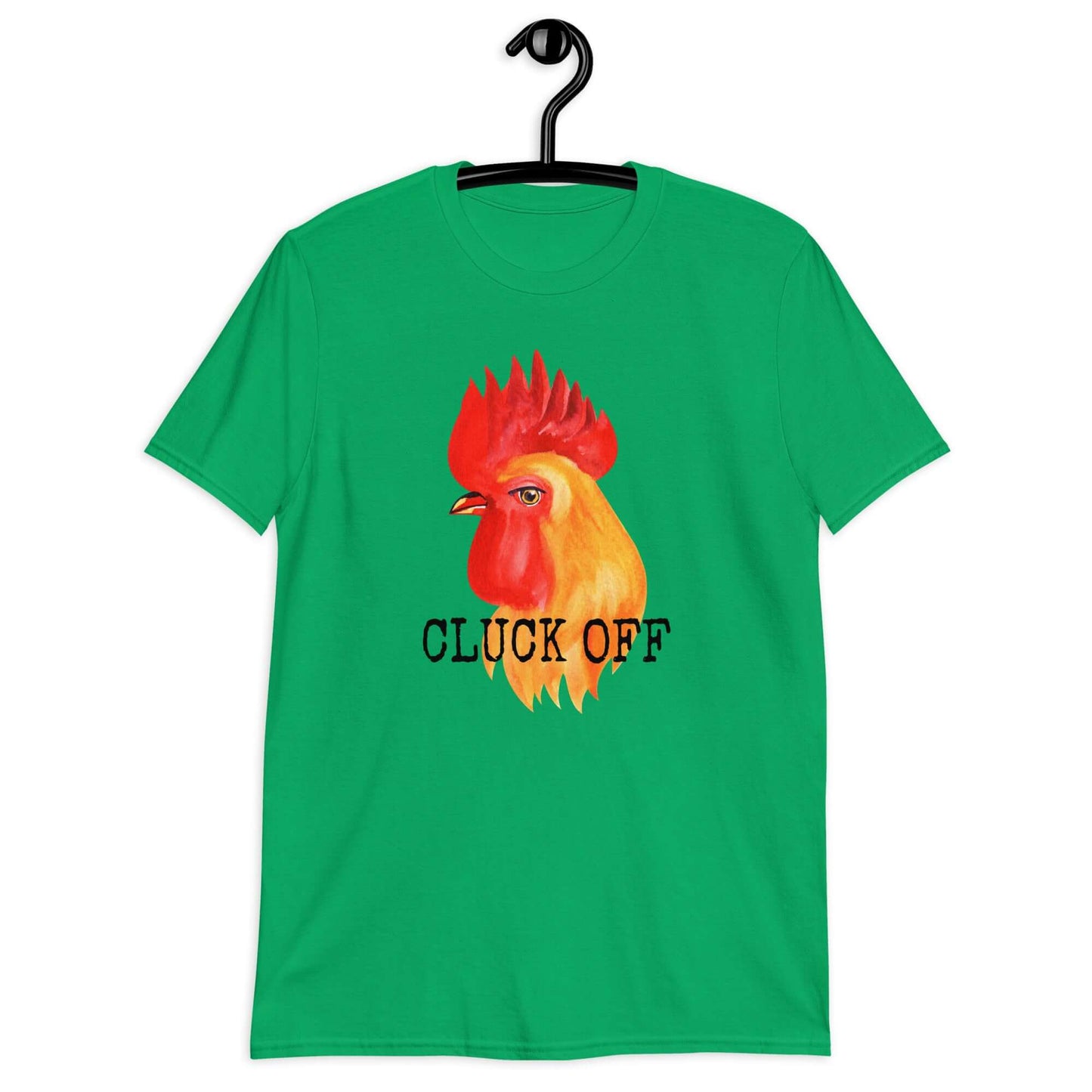 Irish green T-shirt that has graphic of a chicken and the words Cluck off printed on the front.
