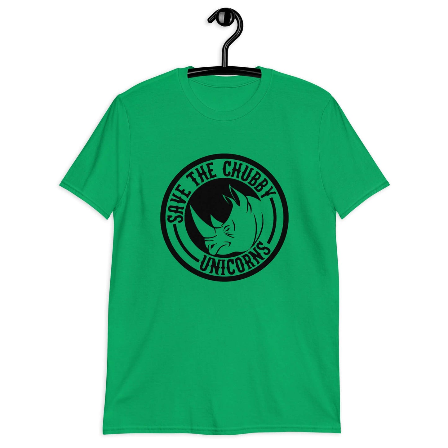Irish green t-shirt with a funny graphic of a rhinoceros & the words Save the chubby unicorns printed on the front.