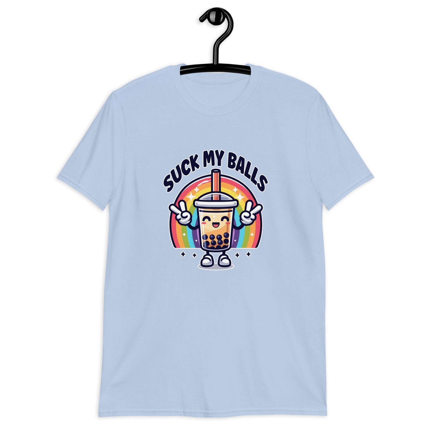 Light blue t-shirt with graphics of a rainbow and a smiling boba bubble tea. The bubble tea has arms and legs. The phrase Suck my balls is printed above the rainbow. The graphics are on the front of the shirt.