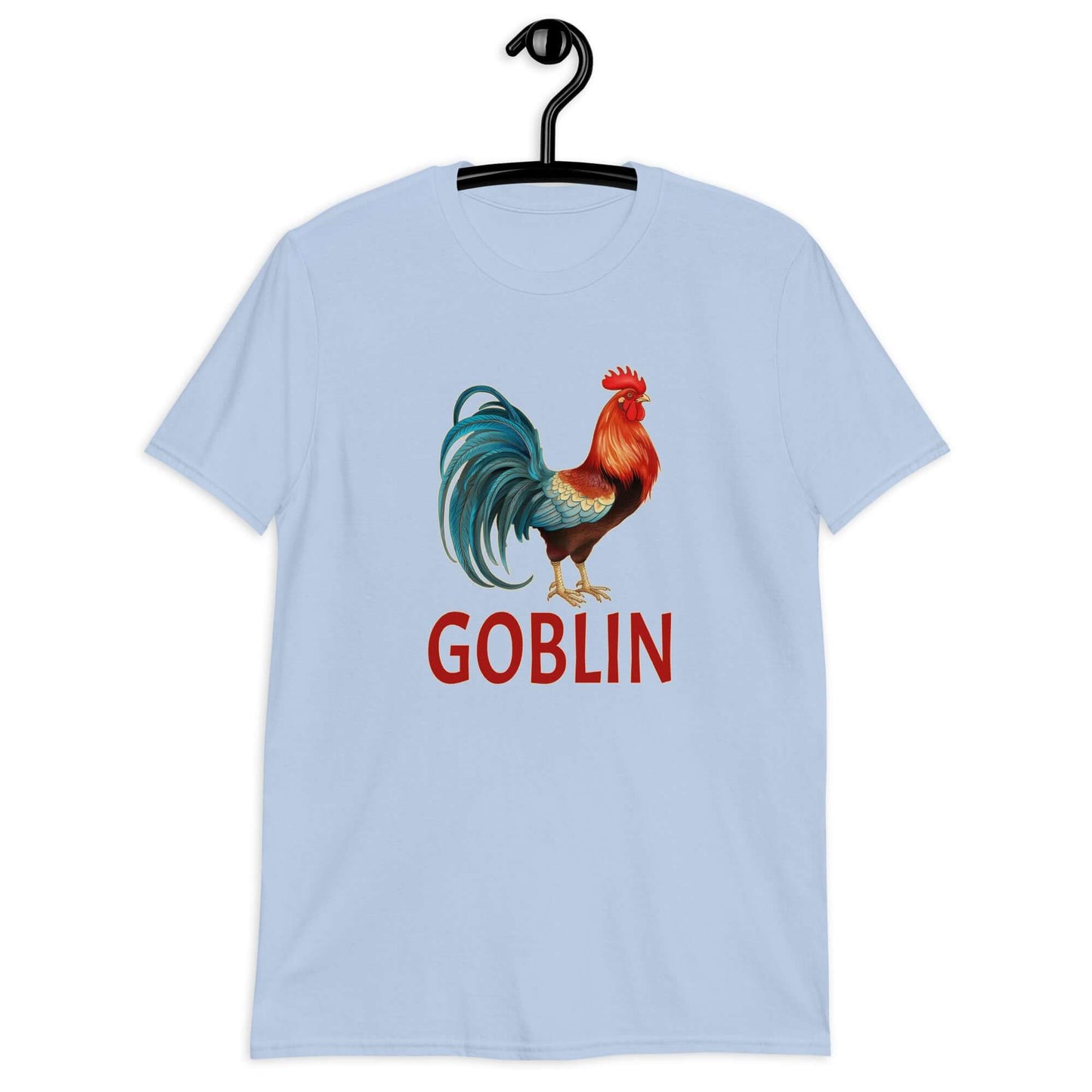 Light blue t-shirt with an image of a rooster and the word Goblin printed under the rooster. The graphics are printed on the front of the shirt.