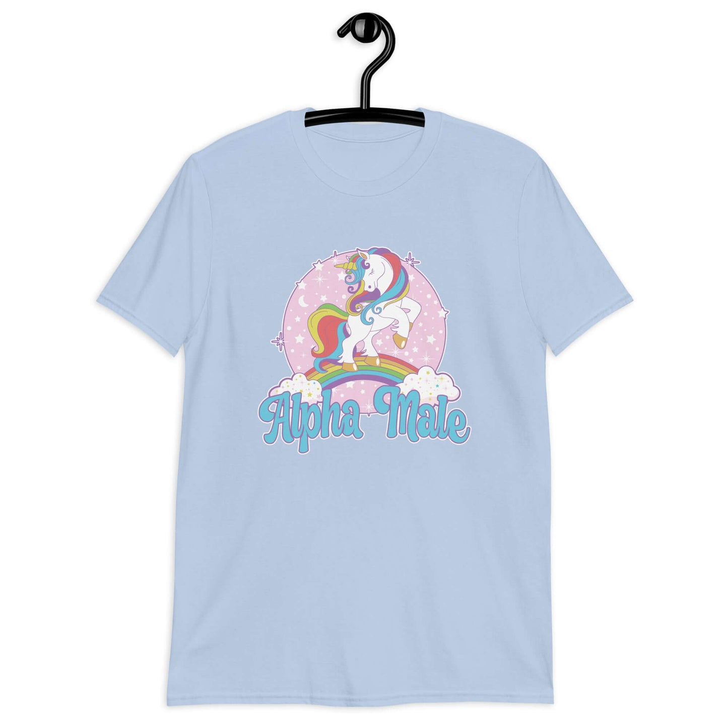 Light blue t-shirt with funny pastel rainbow unicorn graphics and the words Alpha Male printed on the front.