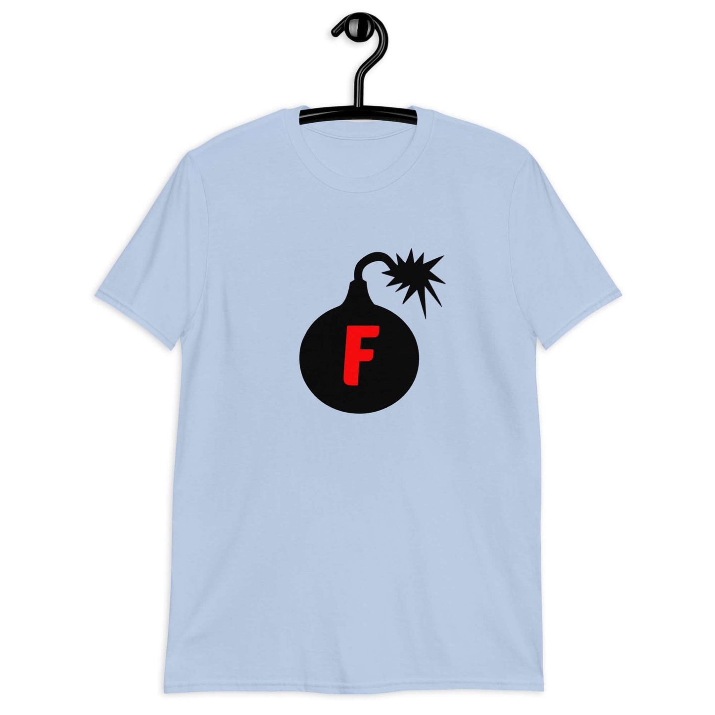Light blue t-shirt with an image of a bomb with the letter F printed in the center. The graphics are printed on the front of the shirt.