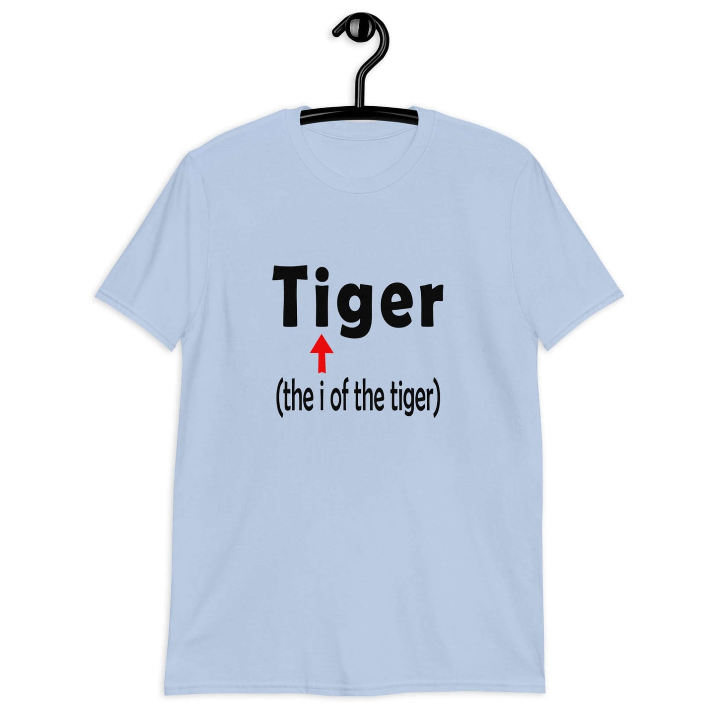 Light blue t-shirt with the word Tiger and in smaller letters it says the I of the tiger with an arrow pointing to the letting I in the word tiger. The graphics are printed on the front of the shirt.