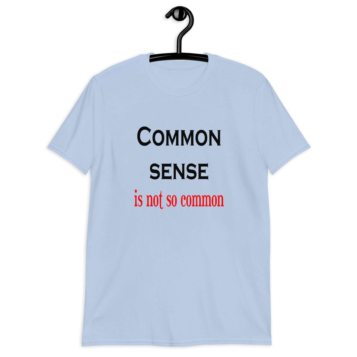 Light blue t-shirt with the phrase Common sense is not so common printed on the front.