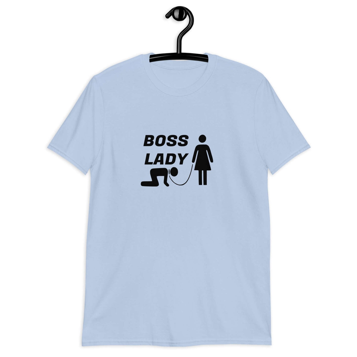 Light blue t-shirt with graphic of collared and leashed man on his hands and knees being led by a woman and the words Boss lady above. The graphics are printed on the front of the shirt.