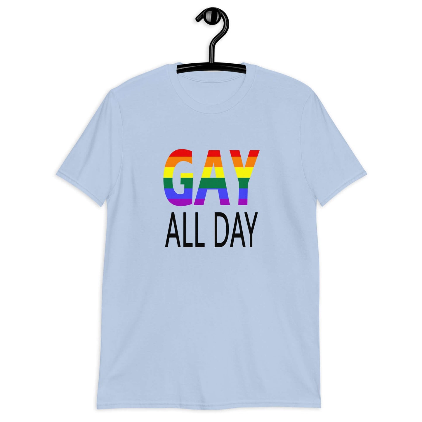 Light blue t-shirt with the words Gay all day printed on the front. The word Gay is in rainbow stripe font.