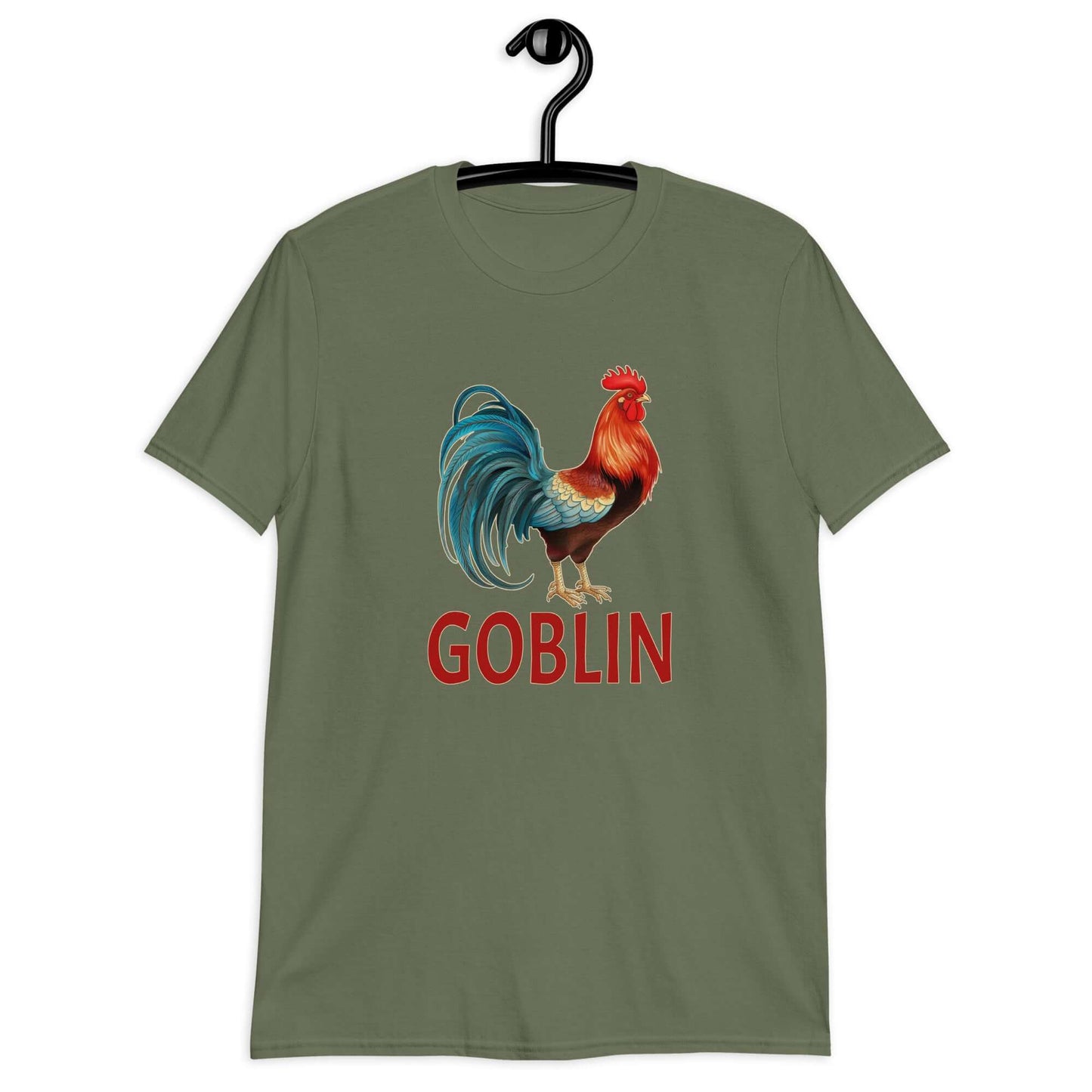 Military green t-shirt with an image of a rooster and the word Goblin printed under the rooster. The graphics are printed on the front of the shirt.