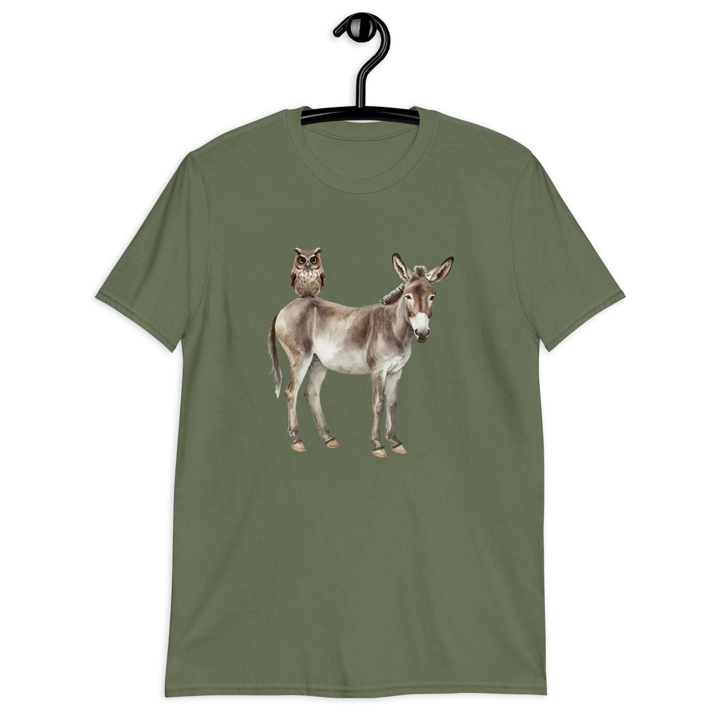 Military green t-shirt with an image of a donkey with wise owl sitting on it printed on the front.