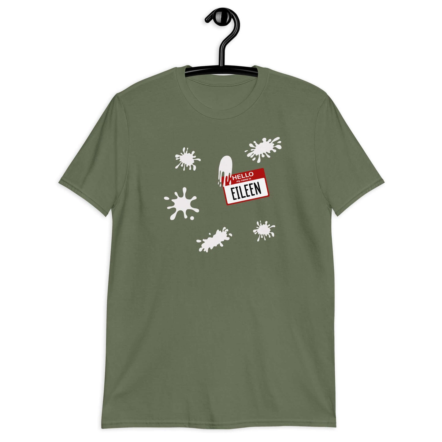 Military green t-shirt with Eileen name tag and white splatters printed on the front.