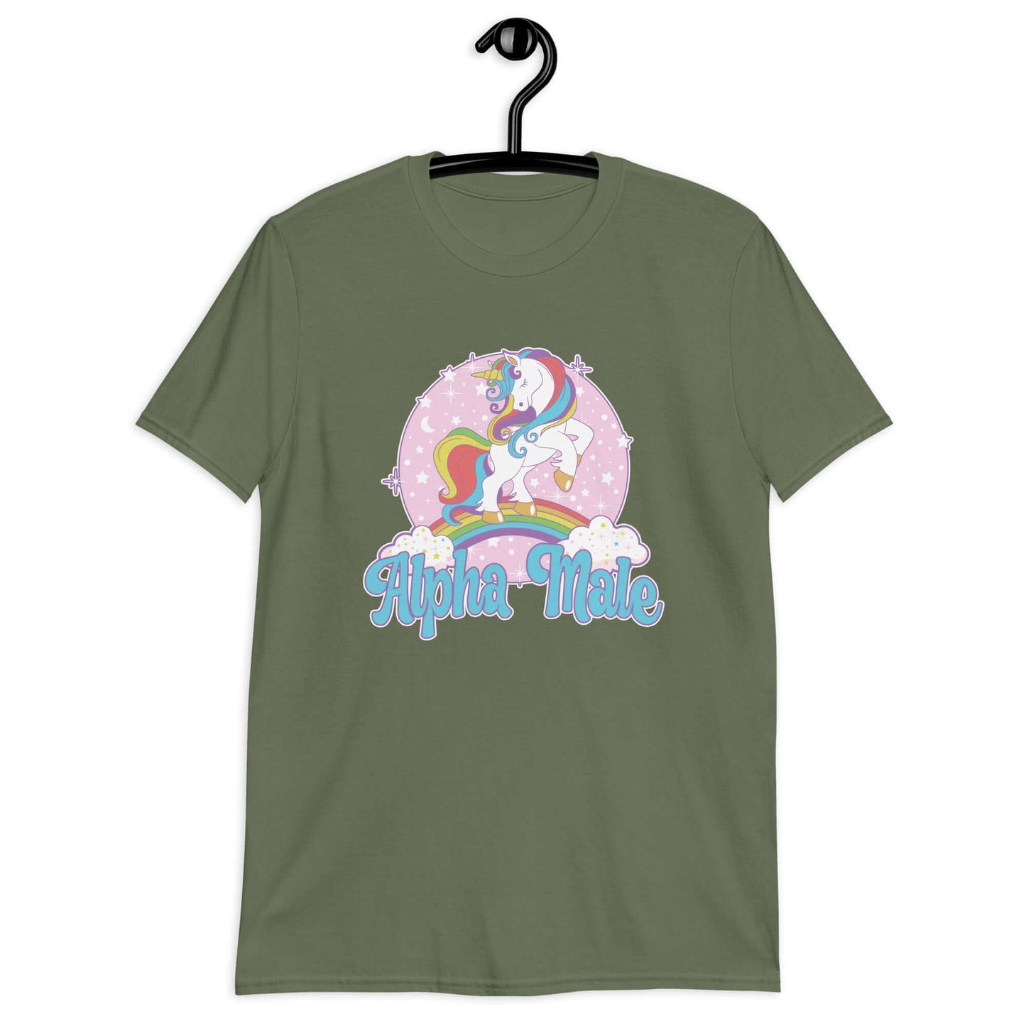 Military green t-shirt with funny pastel rainbow unicorn graphics and the words Alpha Male printed on the front.